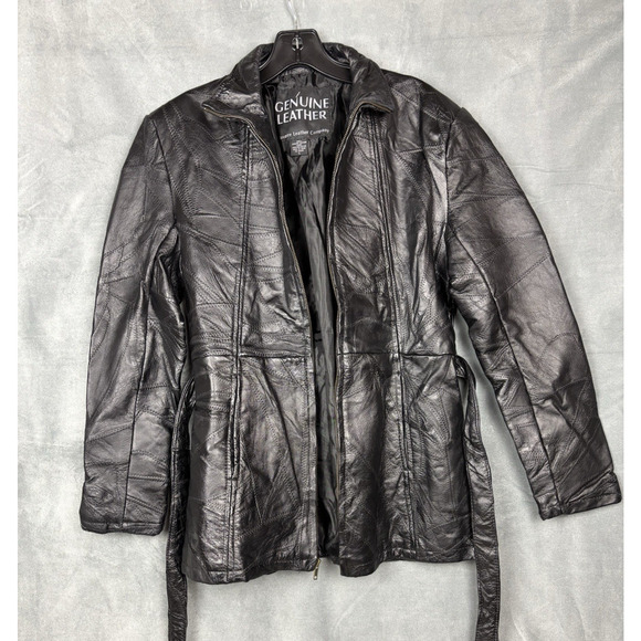 Navarre Leather Company Patchwork Piecework Coat Jacket Womens L Black Belted - Picture 2 of 16